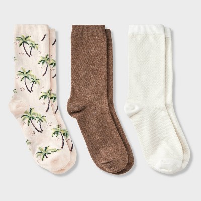 Women's Palm Tree 3pk Crew Socks - A New Day™ Pink/Brown Heather/Ivory 4-10: Cotton Blend, Tagless, Smooth Toe Seams
