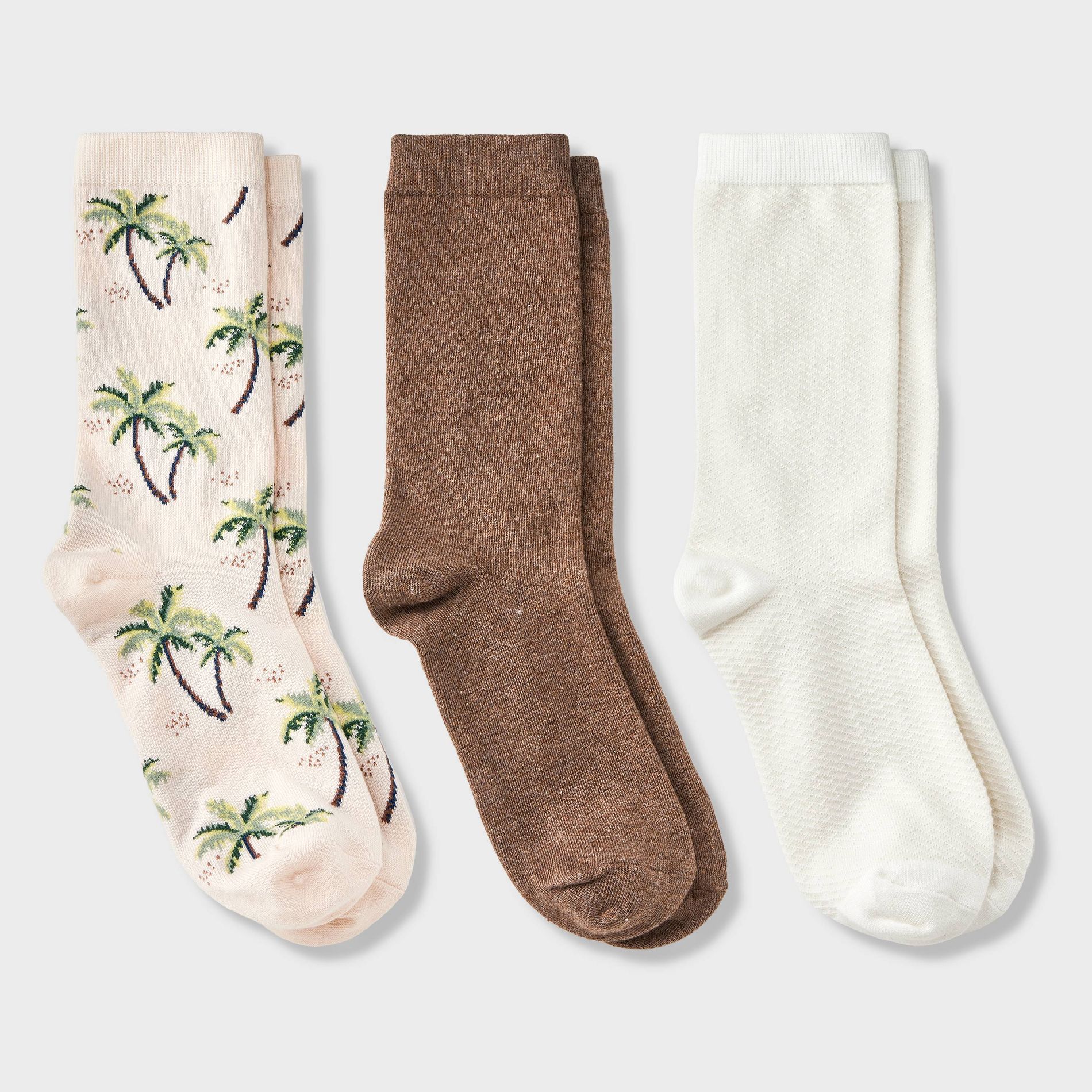 Women's Palm Tree 3pk Crew Socks - A New Day™ Pink/Brown Heather/Ivory 4-10: Cotton Blend, Tagless, Smooth Toe Seams