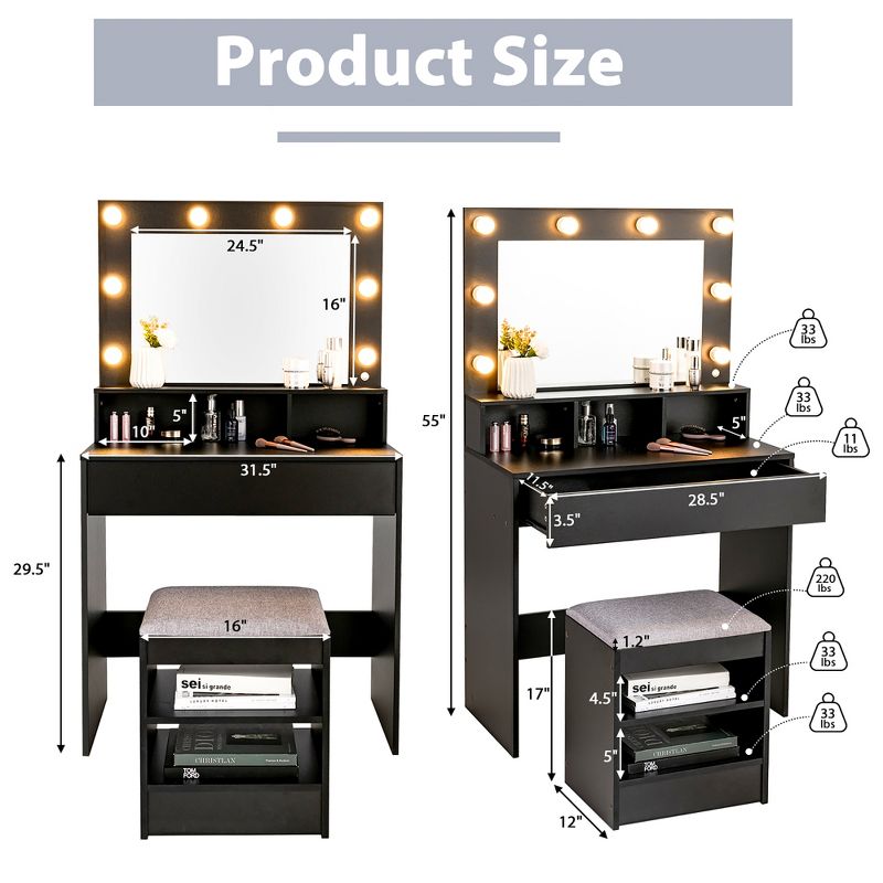Costway Vanity Table Set with Lighted Mirror 8 LED Bulbs Large Drawer Cushion Stool, 2 of 11