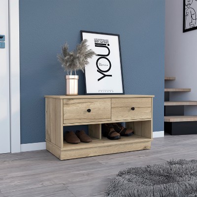 Vynxaria Light Oak Rectangle 2-Shelf 2-Drawer Storage Bench