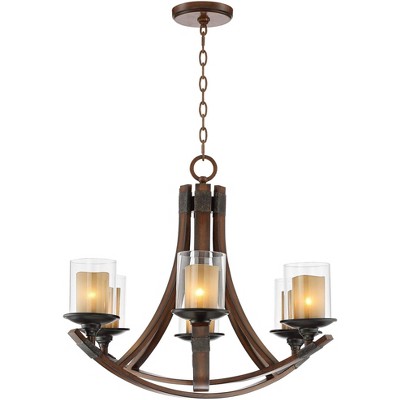 Mahogany and Bronze Rustic Candle Chandelier with Glass Shades