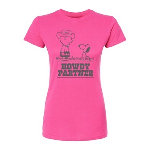 Women's - Peanuts - Charlie Snoopy Howdy Partner -Juniors Fitted Short Sleeve Graohic T-Shirt Fitted Graphic T-Shirt - 1 of 3