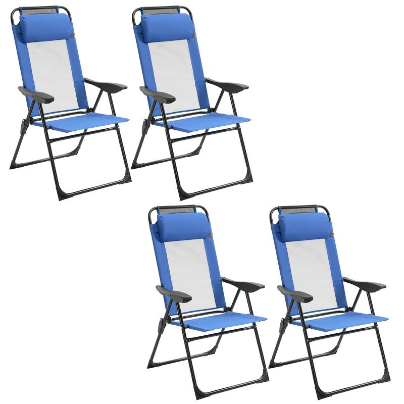 Outsunny Set of 4 Folding Patio Chairs, Camping Chairs with Adjustable Sling Back, Removable Headrest, Armrest for Garden, Backyard, Lawn, Blue, 4 of 7