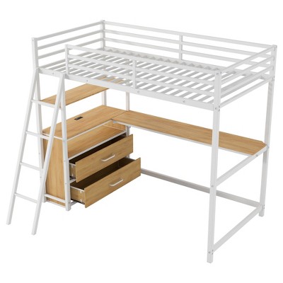 TiramisuBest Twin Size Metal&Wood Loft Bed with Desk and Shelves - Oak Natural Wood + Antique White Metal Design
