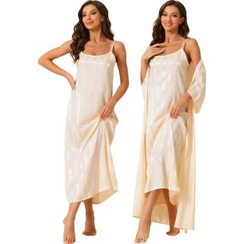 cheibear Women's 3/4 Sleeves Satin Silky Stripe 2 Pcs Pajamas Nightgowns with Robes