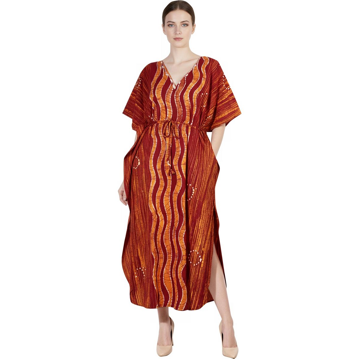 LA LEELA Summer Cotton Vacation Ready Caftan for Women Resortwear Holiday Cruise Pregnancy Wear Maxi Dress 2X-3X Red Wave