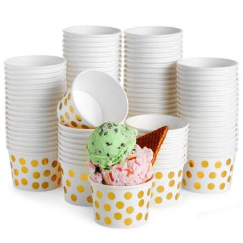 Juvale 100 Pack Paper Ice Cream Cups, Disposable Dessert Bowls with Gold Polka Dots for Sundae Bar, Frozen Yogurt, White, 8 oz