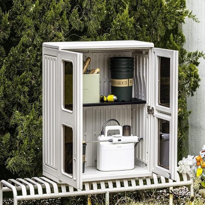 Syemin Outdoor Storage Shed, Vertical Tall Tool Shed with Five Shelves, Lockable Door for Patio, Backyard and Lawn, White, 28.9"*13.3"*30.1"