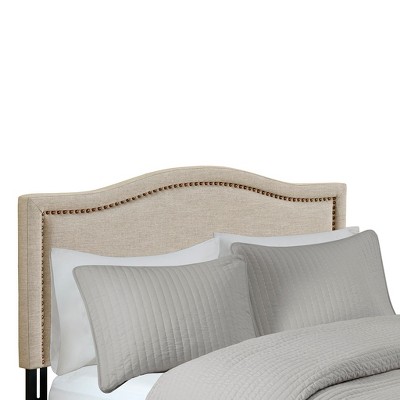 Beige Queen Upholstered Headboard with Nailhead Trim