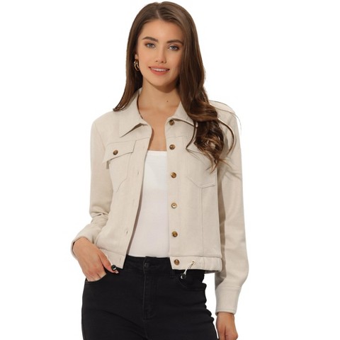 INSPIRE CHIC Women's Faux Suede Casual Spread Collar Button Up Biker Moto Jacket Small Beige