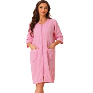 cheibear Women's Waffle 3/4 Sleeves Spa Bathrobe Loungewear Zipper Up One Piece Pajama Robes - 1 of 4