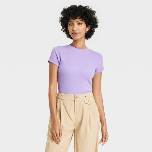 Women's Slim Fit Short Sleeve Ribbed T-shirt - A New Day™ Lavender L :  Target