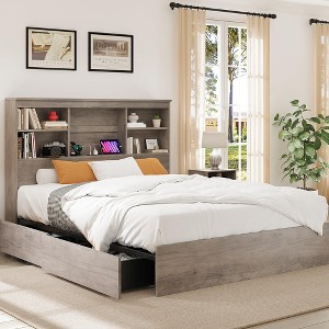 Queen Size Bed Frame with Storage Bookcase Headboard - Wood & Metal Frame with 4 Storage Drawers, Charging Station, No Box Spring Needed, Noise-Free - 1 of 4