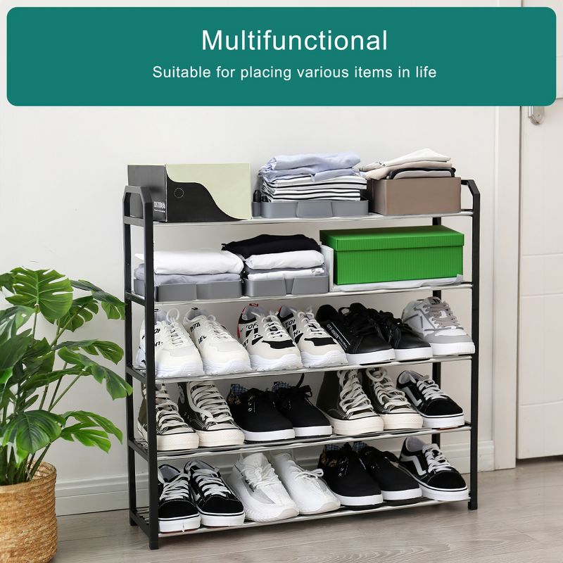 SKONYON 5 Tier Shoe Rack Holds 15 Pairs Black Frame with Silver Coating, 3 of 8