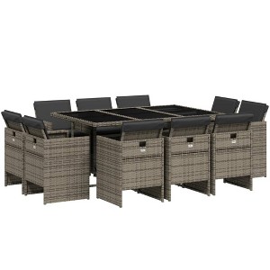 vidaXL Patio Dining Set with Cushions - 11 Piece Gray Poly Rattan Furniture Set for Garden, Backyard, Patio with Foldable Chairs and Glass Tabletop - 1 of 4