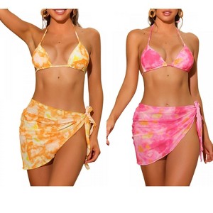 INSPIRE CHIC Women's Dye Halter Tie Triangle Swimsuits with Sarong Cover Ups Beach Skirt Bikini 2 Set - 1 of 4