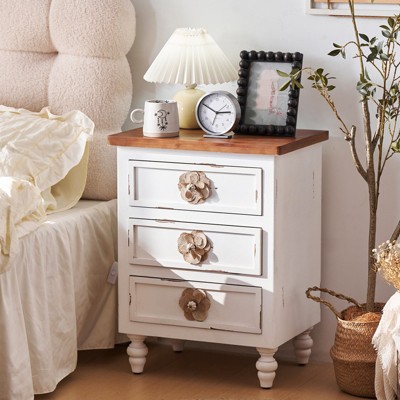 MOEPISY Vintage Farmhouse End Table with Floral Knobs, Rustic Nightstand with 3 Drawers Gourd Legs, Distressed White