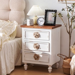MOEPISY Vintage Farmhouse End Table with Floral Knobs, Rustic Nightstand with 3 Drawers Gourd Legs, Distressed White - 1 of 4