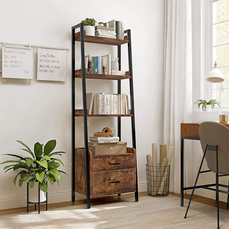Fabato Bookshelf Bookcase w/Ladder Shelves, Metal Frame, & 2 Organizing Drawers for Living Room, Office, or Bedroom, 5 of 7