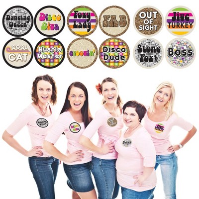 Big Dot of Happiness 70's Disco - 1970's Disco Fever Party Funny Name Tags - Party Badges Sticker Set of 12