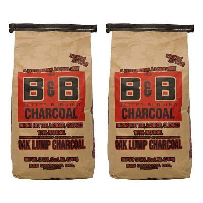 B&B Charcoal Signature Low Smoke Long Burning Oak Lump Charcoal with All Natural Material for Grills and Barbecues, 10 Pounds (2 Pack)