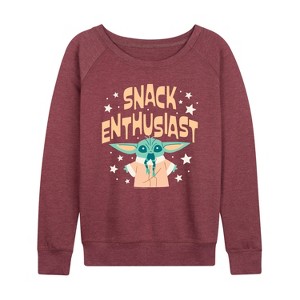 Women's - Star Wars - The Mandalorian Snack Enthusiast Grogu Lightweight French Terry Wide Neck Long Sleeve Graphic Shirt - 1 of 4
