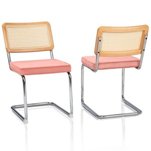 COWLOWN Pink Set of 2 Mid-Century Modern Rattan Dining Chairs with Cane Backrest, Chrome Metal Base - 1 of 4