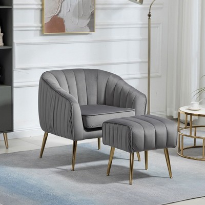 Velvet Accent Chair, Modern Barrel Chair With Ottoman, Arm Pub Chair For Living Room/Bedroom/Nail Salon, Golden Finished Velvet Decorative Chairs