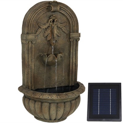 Sunnydaze 27"H Solar-Powered with Battery Pack Polystone Florence Outdoor Wall-Mount Water Fountain, Florentine Stone Finish