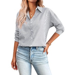 Zeagoo Striped Button Down Shirts for Women Casual Loose Long Sleeve Shirts Business Work Tunic Top - 1 of 4