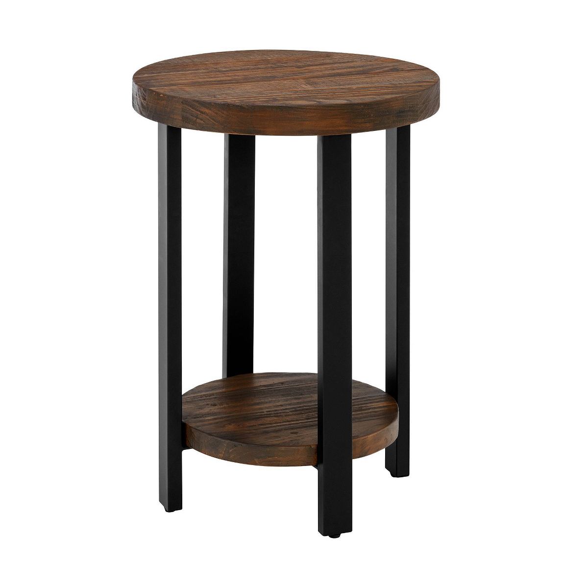 Alaterre Furniture 27" Pomona Diameter Round End Table Rustic Natural: Solid Wood, Metal Legs, Fixed Lower Shelf, Stained Finish