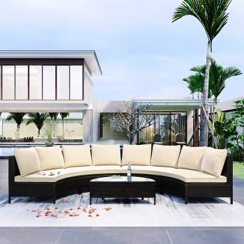 5 PCS Outdoor Rattan Conversation Set, Half-Moon Patio Wicker Sofa Set with Tempered Glass Table-ModernLuxe