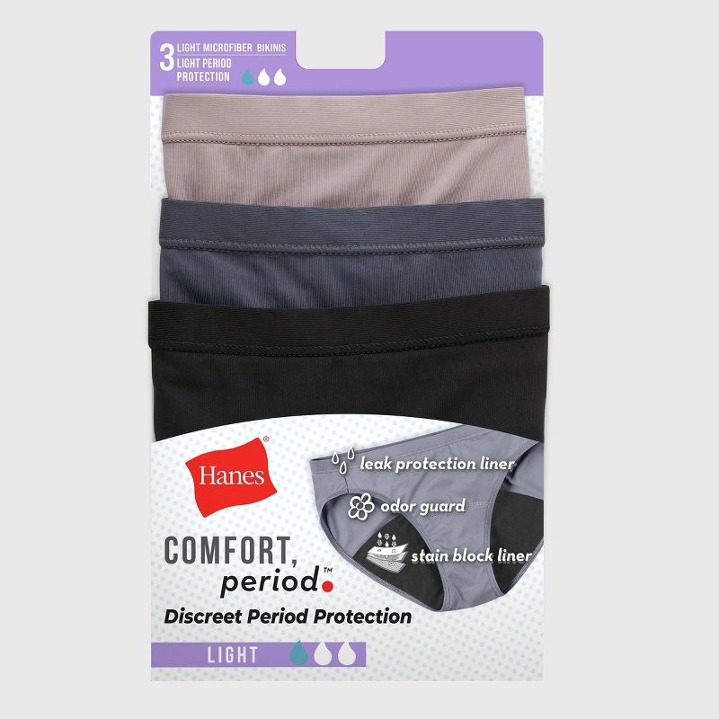 Hanes Women's 3pk Comfort Period and Postpartum Light Leak Protection Bikini Underwear - Beige/Gray/Black, 3 of 7