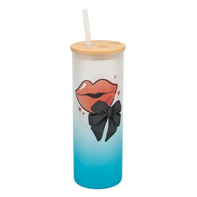 Elanze Designs 25 Ounce Frosted Glass Gradient Travel Tumbler With Straw and Wooden Lid, Lips With Bow Sky Blue