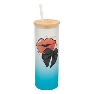 Elanze Designs 25 Ounce Frosted Glass Gradient Travel Tumbler With Straw and Wooden Lid, Lips With Bow Sky Blue - 1 of 1