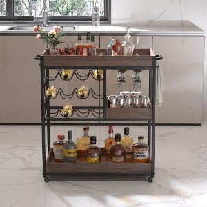 3 Tier Industrial Rolling Serving Cart With Lockable Wheels, Wine Rack Cart With Glass Holder For Home, Beverage Trolley Cart With 3 Removable Tray - 1 of 4