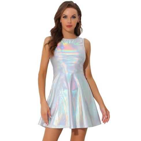 Allegra K Women's Metallic Sleeveless High Waist Party Holographic Dress  Silver X-Small