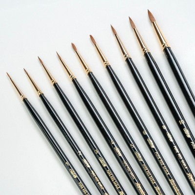 Black and Gold Long Handle Round Sable Brush Set, 9 Pieces