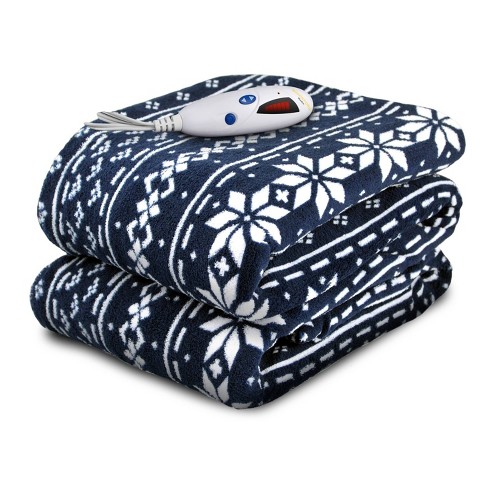 Reversible Microplush Electric Throw Blanket Navy Fair Isle Biddeford Blankets