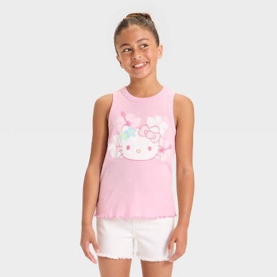 Girls' Hello Kitty Tropical Floral Lettuce Edge Graphic Tank Top - Light Pink