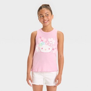 Girls' Hello Kitty Tropical Floral Lettuce Edge Graphic Tank Top - Light Pink - 1 of 4