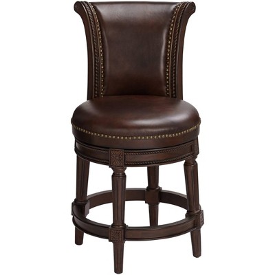 Espresso Leather & Walnut Swivel Bar Stool with Brass Accents