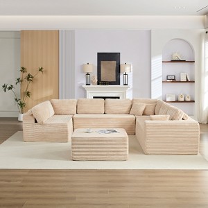 Mjkone Corduroy 141'' Deep Seat Modular Sectional Sofa, Modern 8-Seater U-Shape Sofa Couch with Moveable Ottoman - 1 of 4