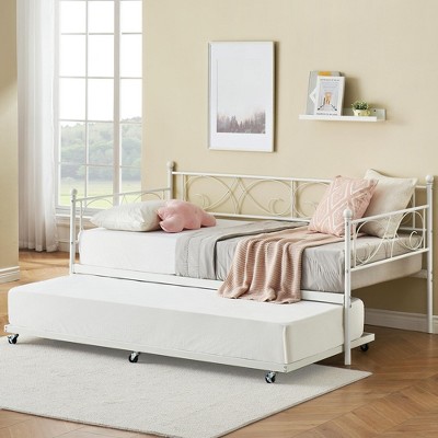 Homhougo Twin Daybed with Trundle Metal Guest Sofa Bed Frame , Heavy Duty Metal Slats White
