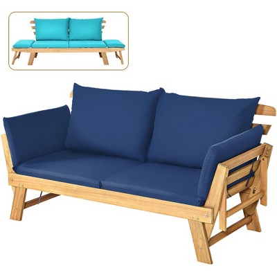 Tangkula Adjustable Patio Sofa Daybed Acacia Wood Furniture w/ Navy & Turquoise Sets Cushion