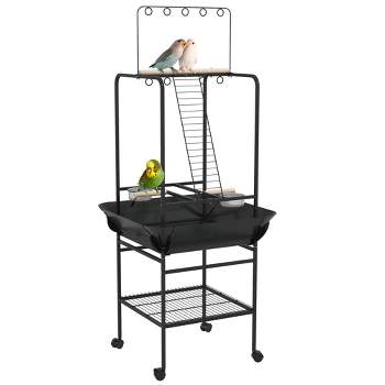 PawHut Bird Stand with Wheels, Perches, Stainless Steel Feed Bowls, Pull-Out Tray, Toy Hanger for Indoor Outdoor Small Parrot, Dark Gray