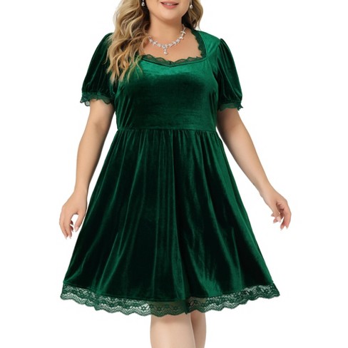 Agnes Orinda Women's Plus Size Velvet Lace Trim Short Sleeve Party A Line  Dresses Green 4X