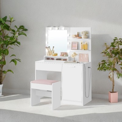 Modern Makeup Vanity Desk with Mirror, Lights, and Power Outlets: Stylish Storage Solution for Bedroom Beauty Routines