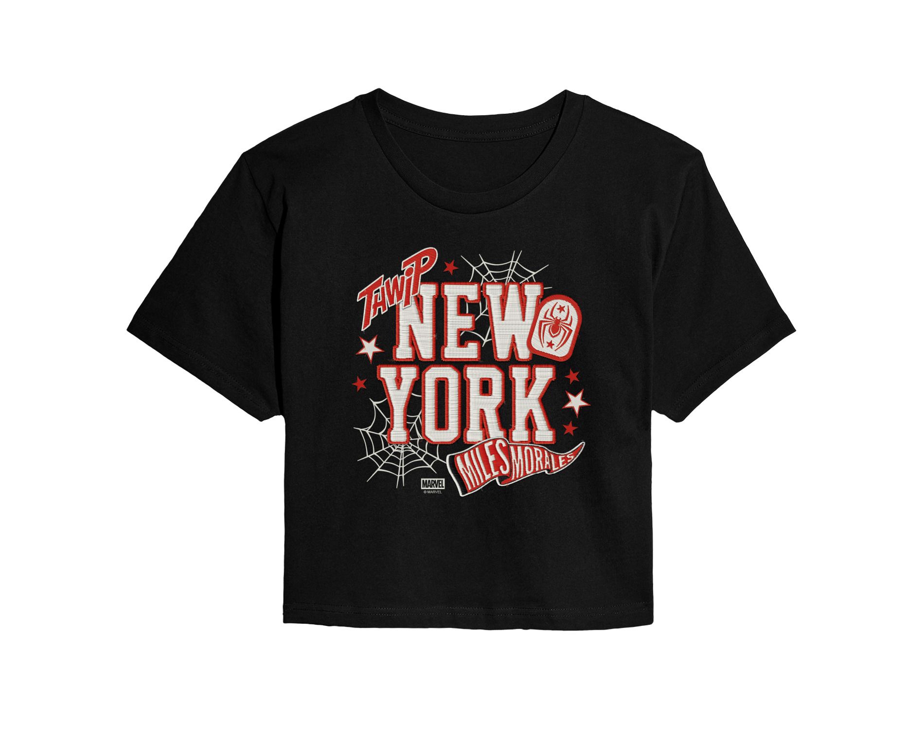 Women's Spider-Man NYC Miles Faux Patches Cropped Graphic T-Shirt - Black - X-Large