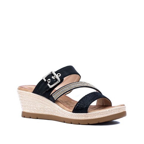 GC Shoes Monica Black 6 Embellished Comfort Slide Wedge Sandals